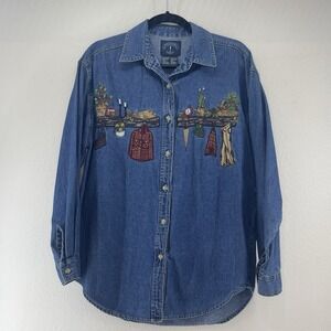 Vintage Solutions Denim Shirt Womens Small Embroidered Floral Western 90s